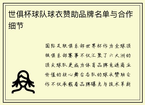 世俱杯球队球衣赞助品牌名单与合作细节